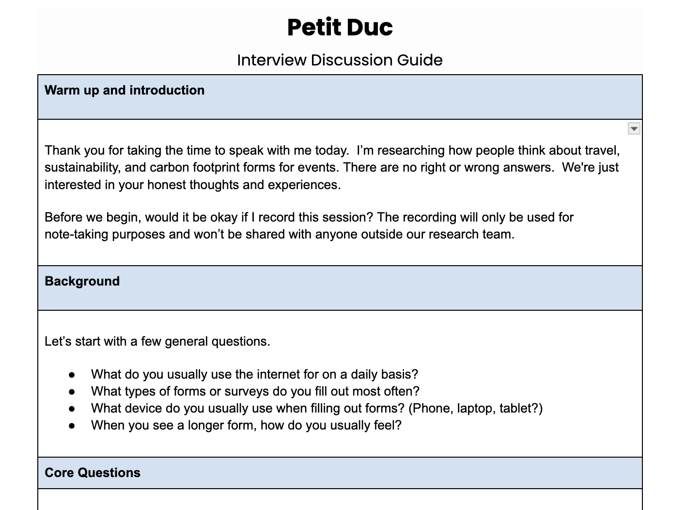 A research interview guide titled "Petit Duc Interview Discussion Guide" with sections for warm-up, background questions, and core questions, featuring a blue header and black text.