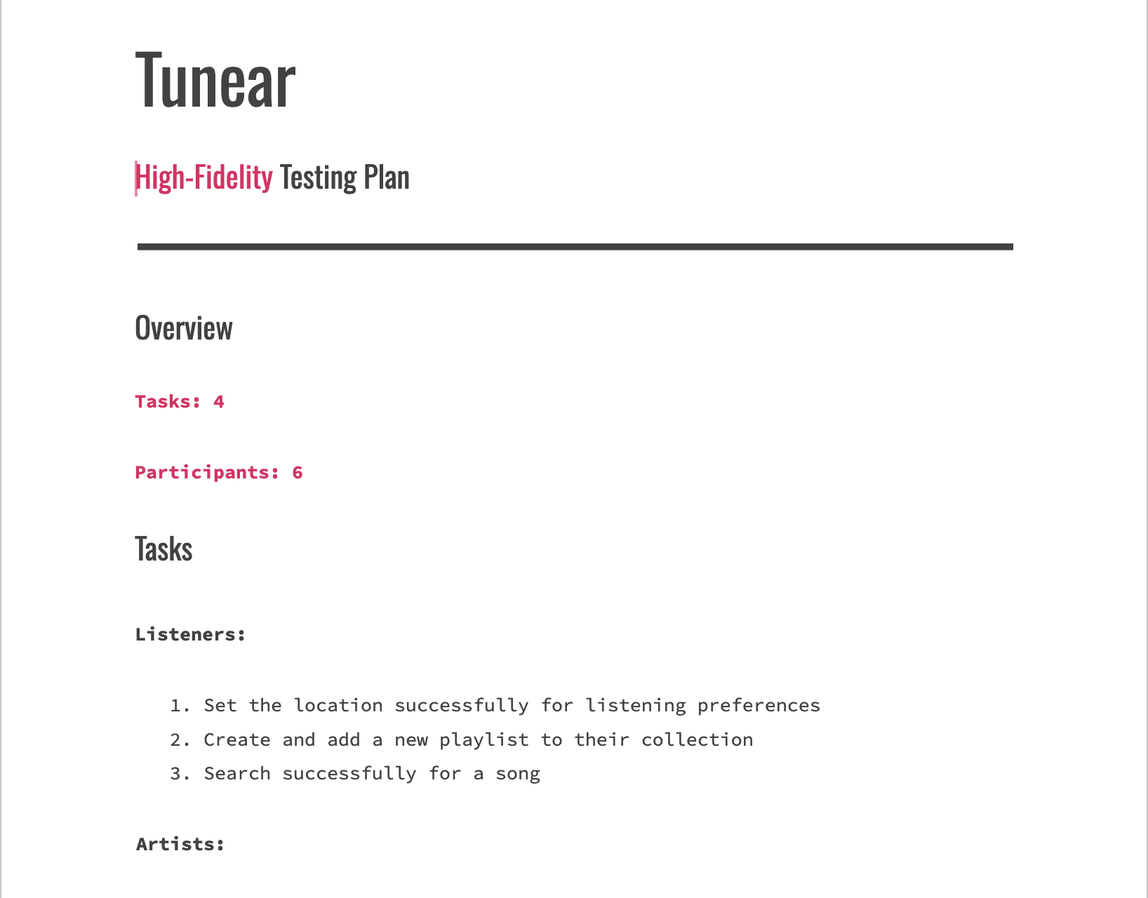 Document titled 'Tunear' with 'High-Fidelity Testing Plan' subtitle, includes overview with task and participant counts, and lists three tasks related to setting location, creating playlists, and searching songs, with section headers like 'Tasks' and 'Listeners'.