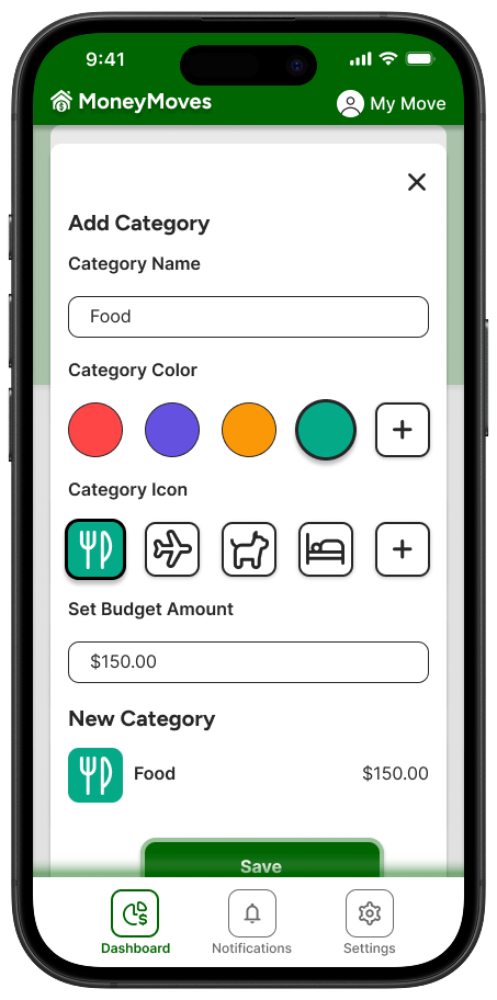 Mobile app screen for MoneyMoves showing a form to add a spending category with options for category name, color, icon, and budget amount, with a save button at the bottom.