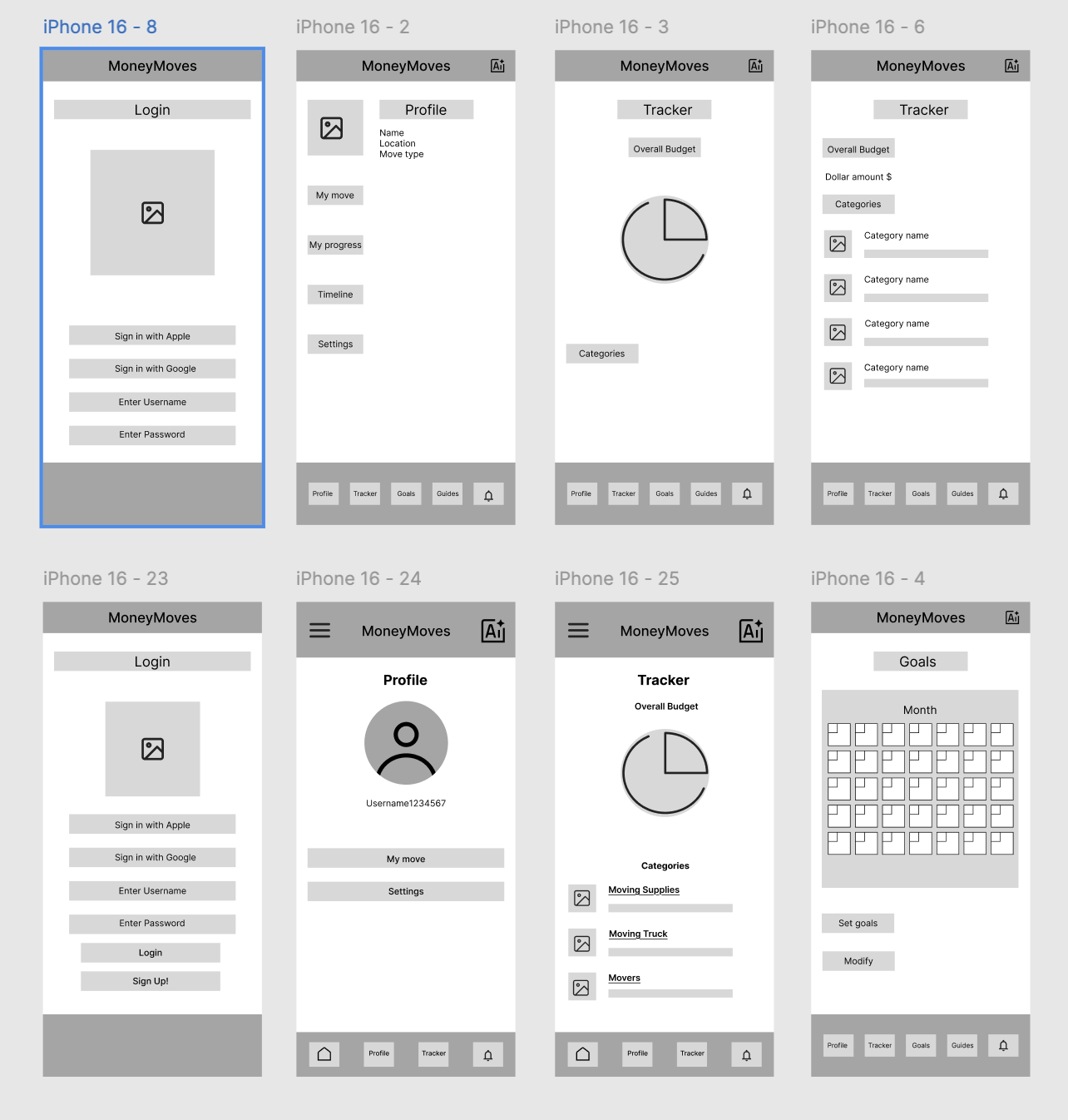 Screenshots of a mobile app called MoneyMoves on different iPhone models, showing login screens, profile pages, tracker pages, and goals setup screens in grayscale.