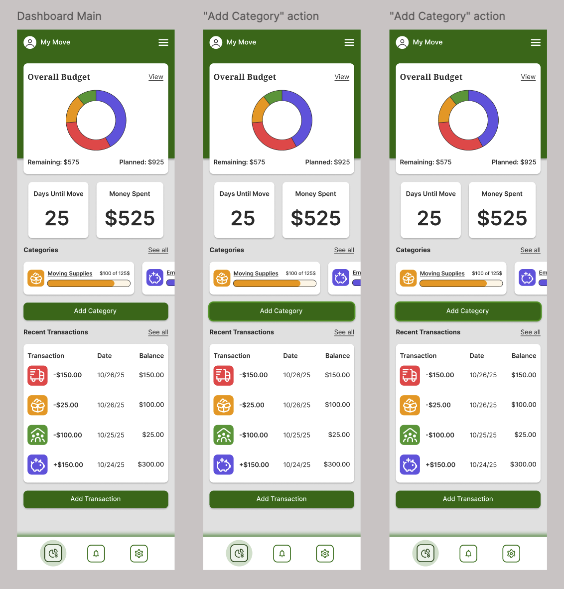 Mobile app interface showing budget tracking with charts, categories, recent transactions, and navigation icons at the bottom.