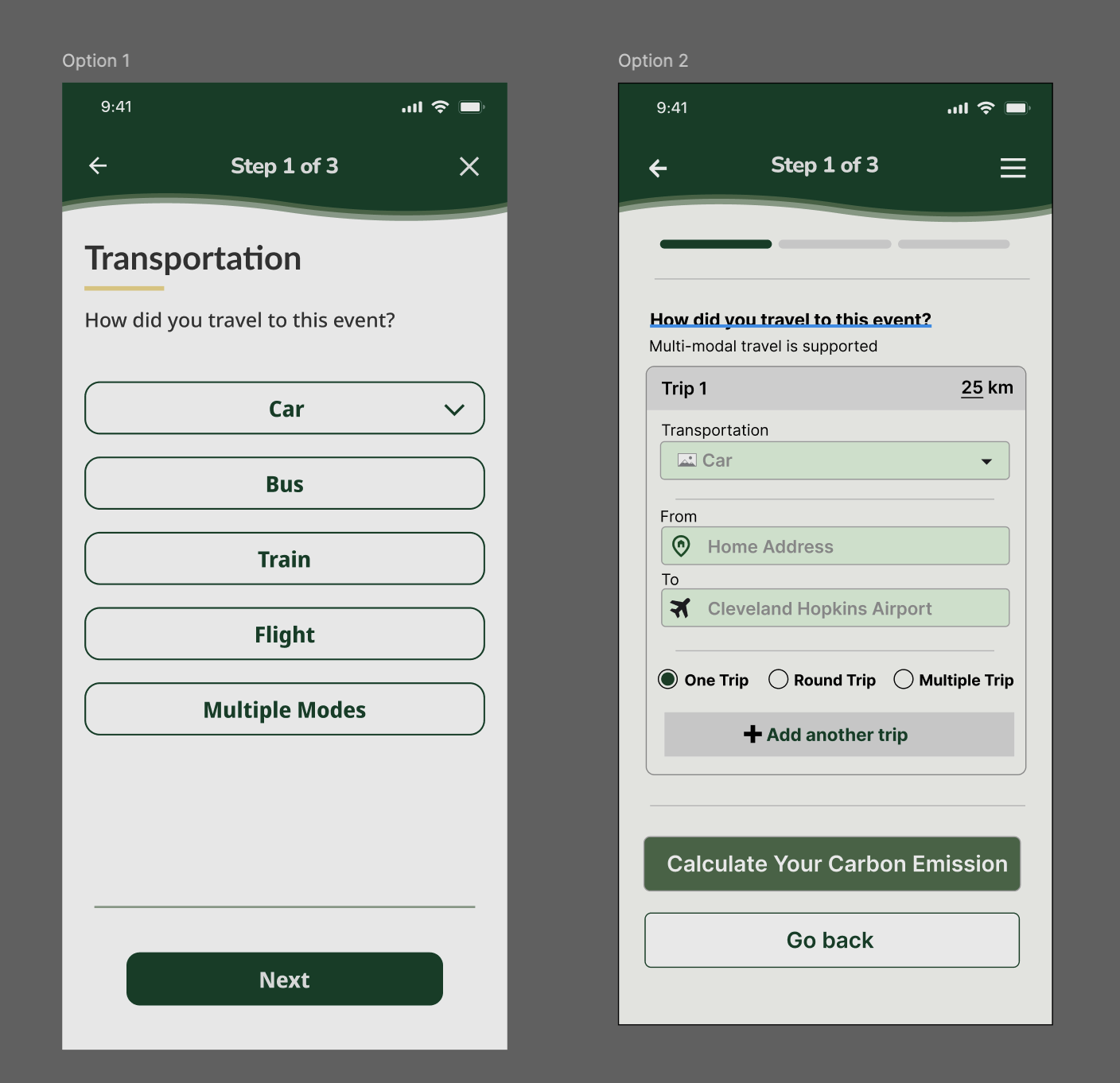 Screenshots of a mobile app interface showing steps for calculating carbon emissions from transportation. The first screen displays options for travel modes: car, bus, train, flight, and multiple modes, with a 'Next' button at the bottom. The second screen shows detailed trip info, including trip distance, mode of transport, starting address, destination airport, and trip type, with buttons for calculation and navigation.