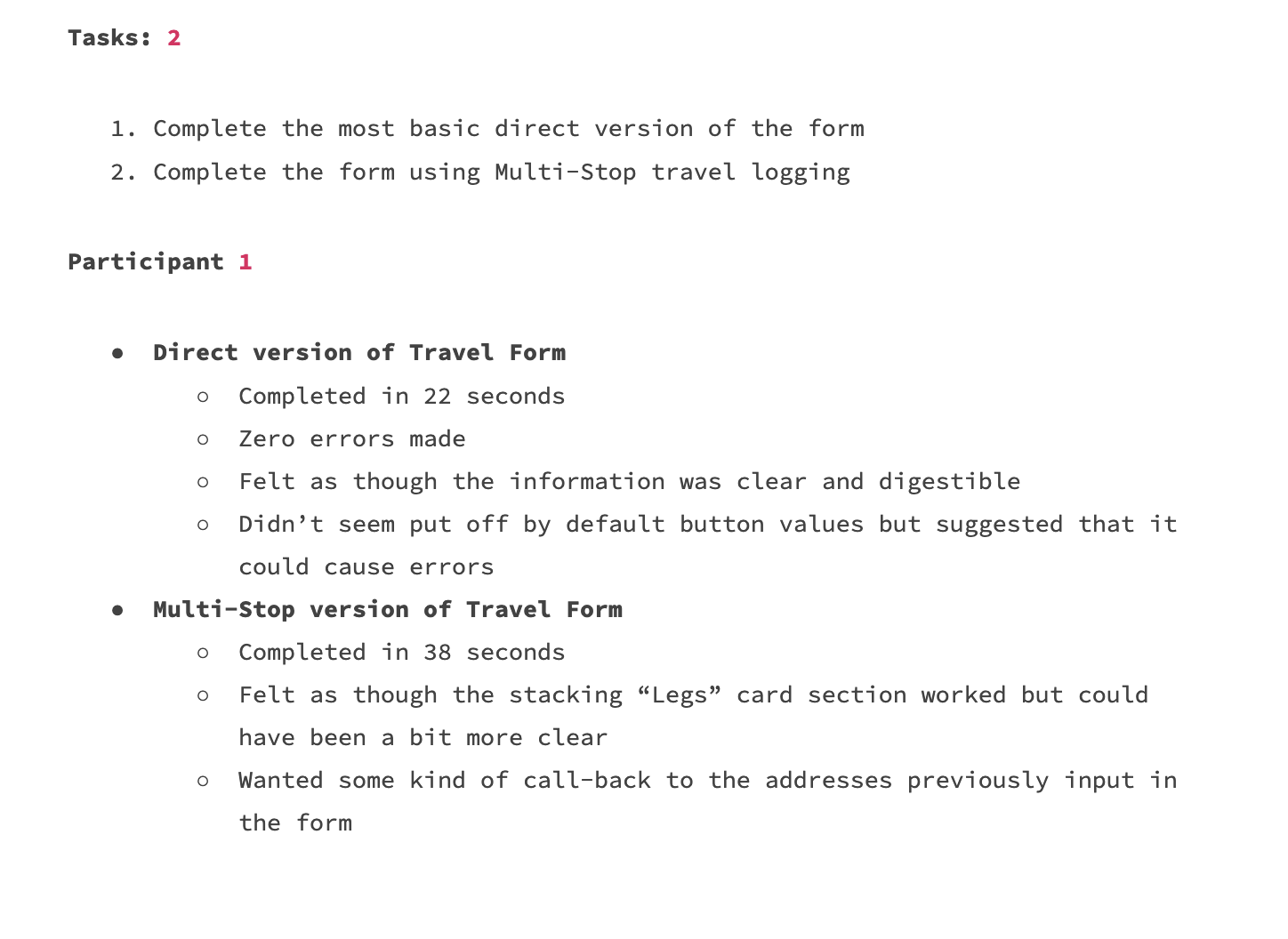 Screenshot of a task and participant report with tasks numbered 2, including completing a travel form with multi-stop travel logging, and a participant's feedback on using direct and multi-stop versions of the travel form.