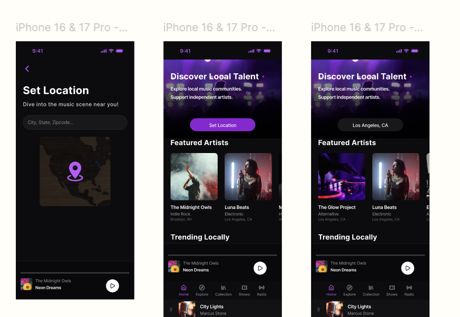 Mobile app screens for discovering local music talent. The first screen prompts users to set their location with a dark background and a map. The second screen shows a dark theme interface with a 'Discover Local Talent' header, a purple 'Set Location' button, and profiles of featured artists like Luna Beats. The third screen is similar, with a confirmed location in Los Angeles, CA, and displays featured artists, trending local artists, and a navigation menu at the bottom.