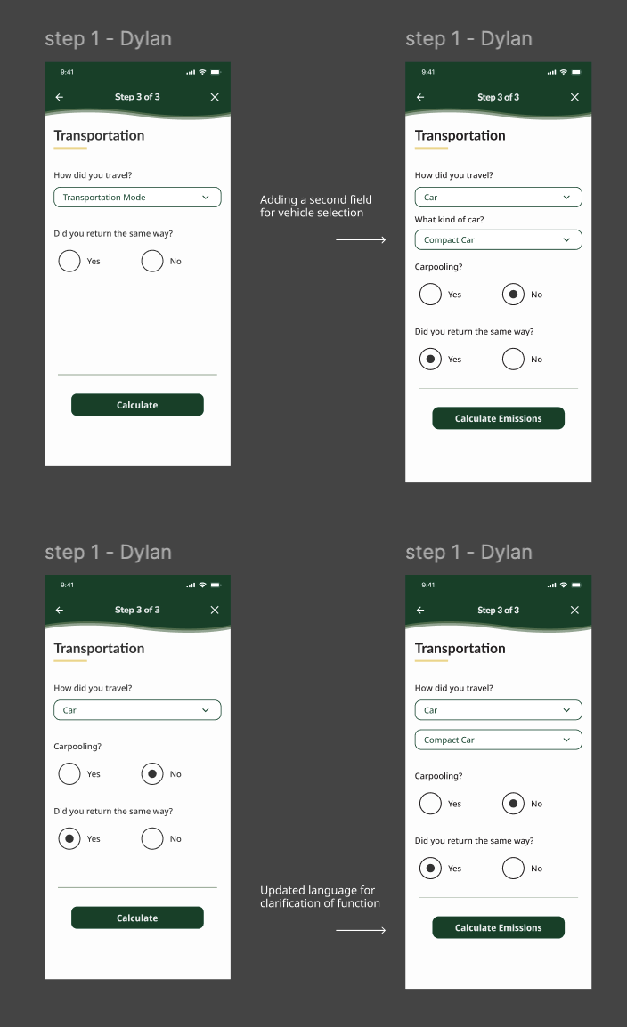 Screenshots of a transportation survey app interface showing different versions of a form for calculating emissions based on transportation mode, car type, carpooling, and return trip options.