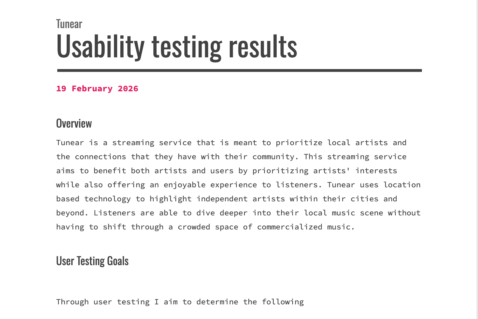 Document titled "Usability testing results" dated February 19, 2026, with an overview about Tunear, a streaming service for local artists, and user testing goals.