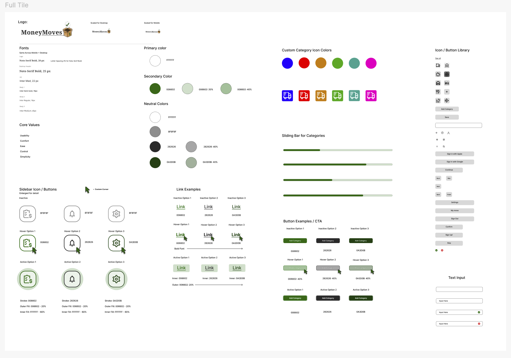 Design style guide for Money Moves logo and user interface elements, featuring color palettes, icon and button styles, slider, link examples, and input fields.