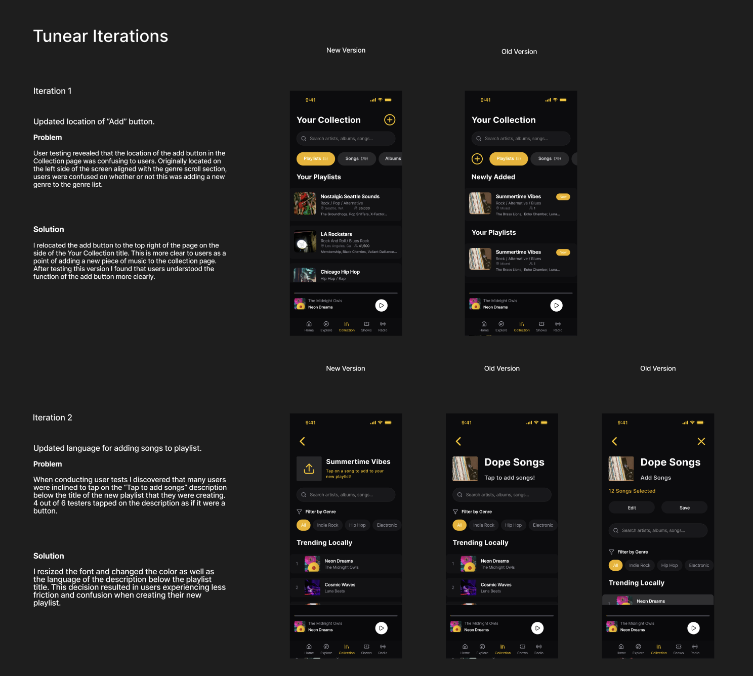 Comparison of mobile app interface designs showing revisions for a music playlist app, including updated add button position and language. Screens display different versions side by side with labels indicating new and old versions, highlighting changes in interface layout and features.