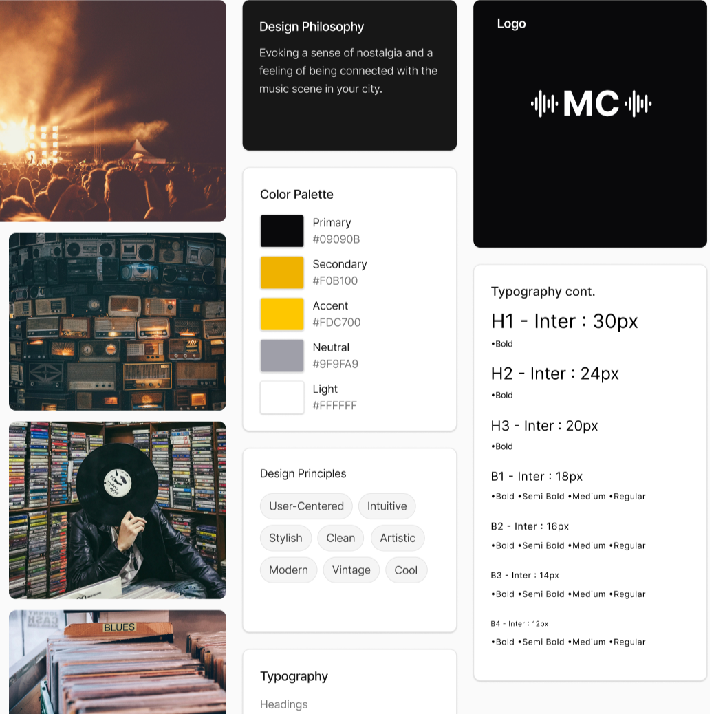 Design template with sections on music event branding, including a crowd at a concert, a collection of vintage radios, a person with a vinyl record in a record store, and a shelf of vinyl records, alongside color palette and typography guidelines.