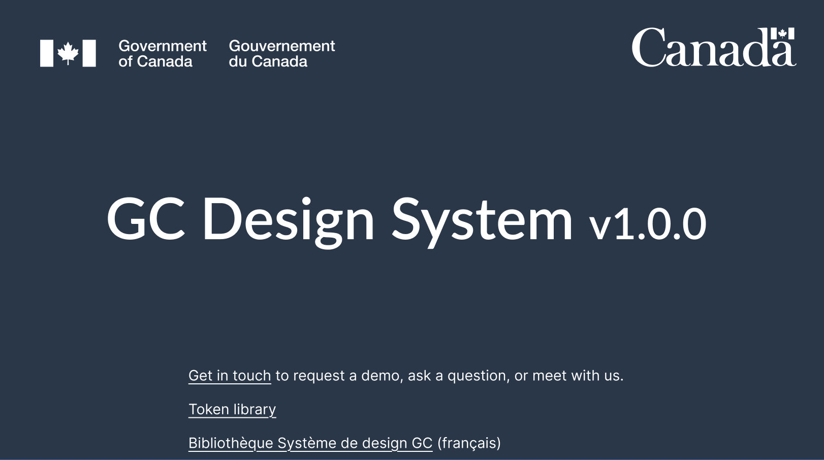 Official Canada government webpage for GC Design System v1.0.0, with links for getting in touch, token library, and French version.