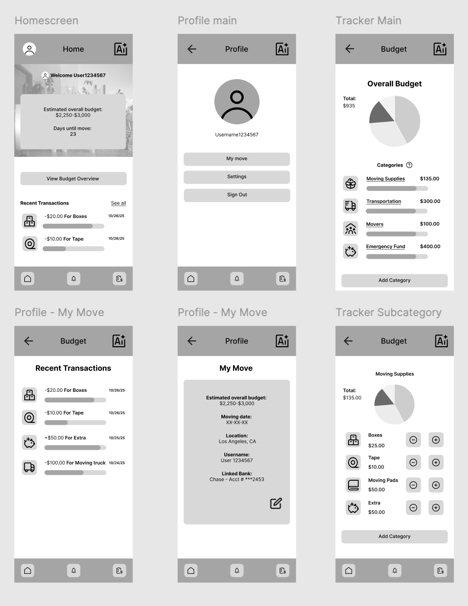 Screenshots of a mobile app interface for a budget and moving expense tracker, showing profile, transactions, and budget overview screens.