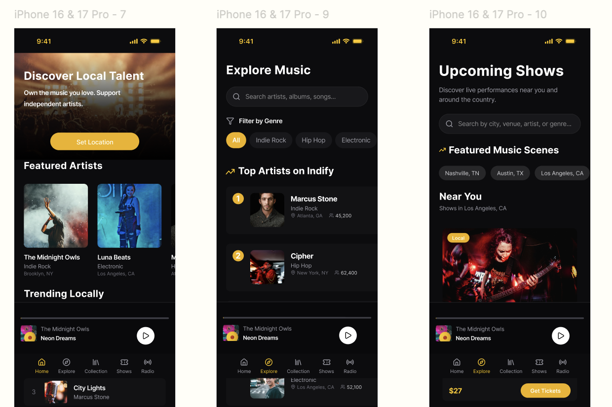 Screenshots of a mobile music app interface, showing sections for discovering local talent, exploring music, and upcoming shows. The screens display featured artists, trending music, top artists, genres, and nearby live performances.