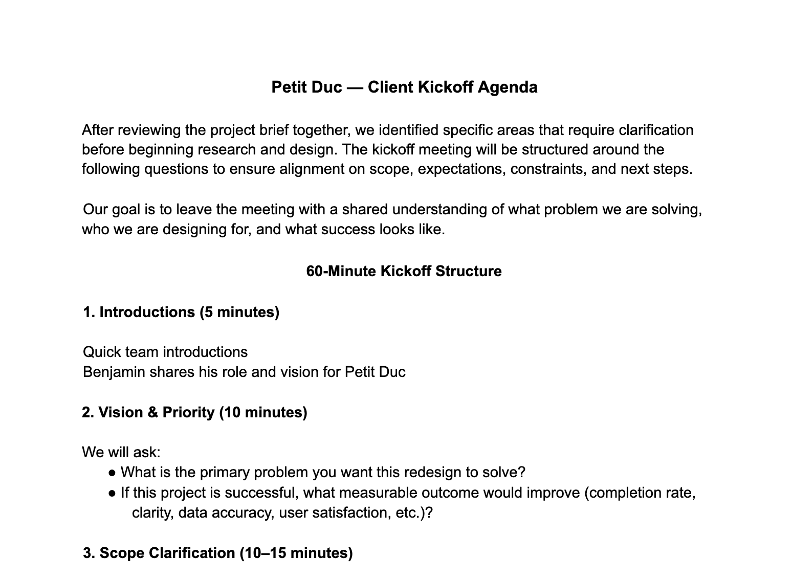 Document titled 'Petit Duc — Client Kickoff Agenda' detailing the structure of a kickoff meeting with sections for introductions, vision & priority, scope clarification, among others.