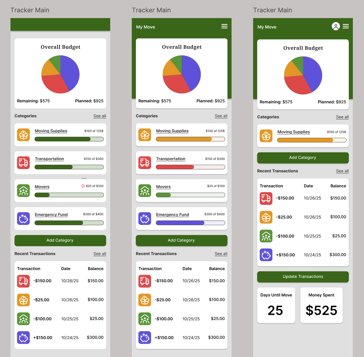 Screenshots of a mobile app called 'My Move' displaying financial tracking information. The app shows overall budget with a pie chart, categories of expenses like Moving Supplies, Transportation, Movers, and Emergency Fund with progress bars, recent transactions with amounts, dates, and balances, and options to add category or update transactions. The interface is green, white, and uses icons and color-coded bars for expenses.