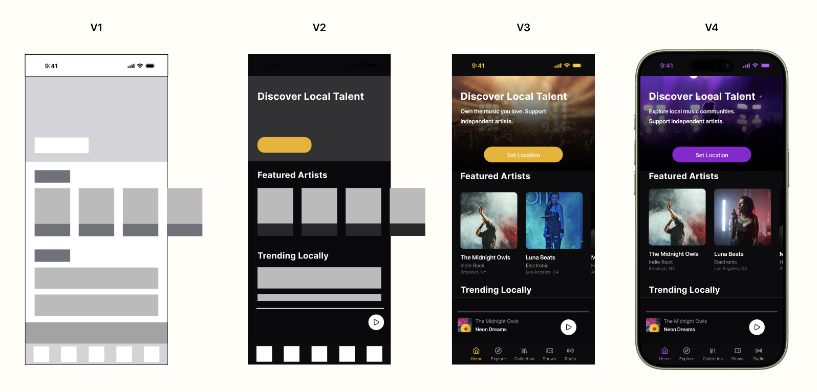 Sequence of four mobile app screens showing a music discovery app called 'Discover Local Talent'; the first screen is a wireframe, the second has a dark theme with a yellow 'Set Location' button, the third has an image background with the same button and featured artists, and the fourth shows a similar design with a purple theme and navigation bar at the bottom.