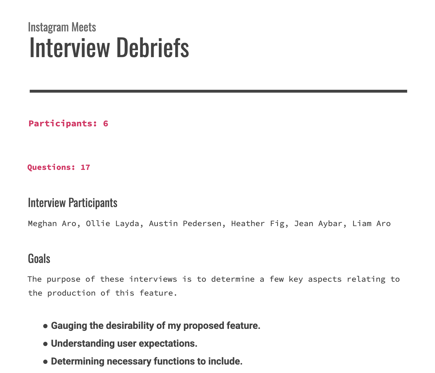 Cover page of a report titled 'Instagram Meets Interview Debriefs', listing interview participants, goals, and questions.