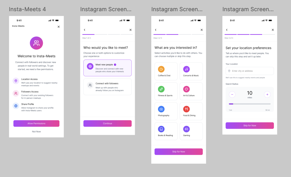 Sequence of four screenshots of a mobile app onboarding process for Instagram Meet feature, showing welcome page, selecting meet new people, choosing interests, and setting location preferences.