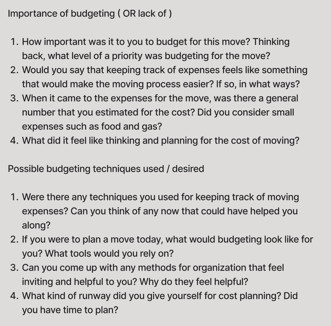 A printable worksheet titled 'Importance of budgeting (OR lack of)' with questions about budgeting and expenses related to moving, and techniques for managing moving costs.