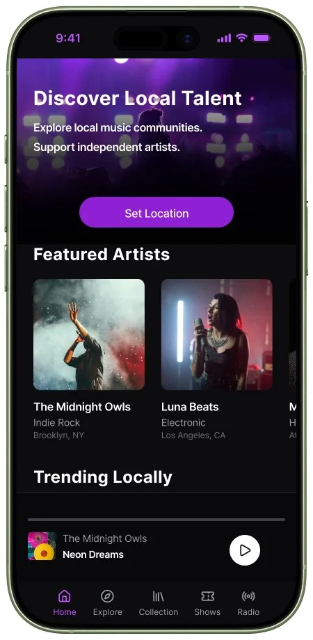 Mobile phone screen displaying a music app with a purple header reading 'Discover Local Talent' and options to explore local music communities and support independent artists. The app shows featured artists The Midnight Owls and Luna Beats, and trending local music Neon Dreams by The Midnight Owls.