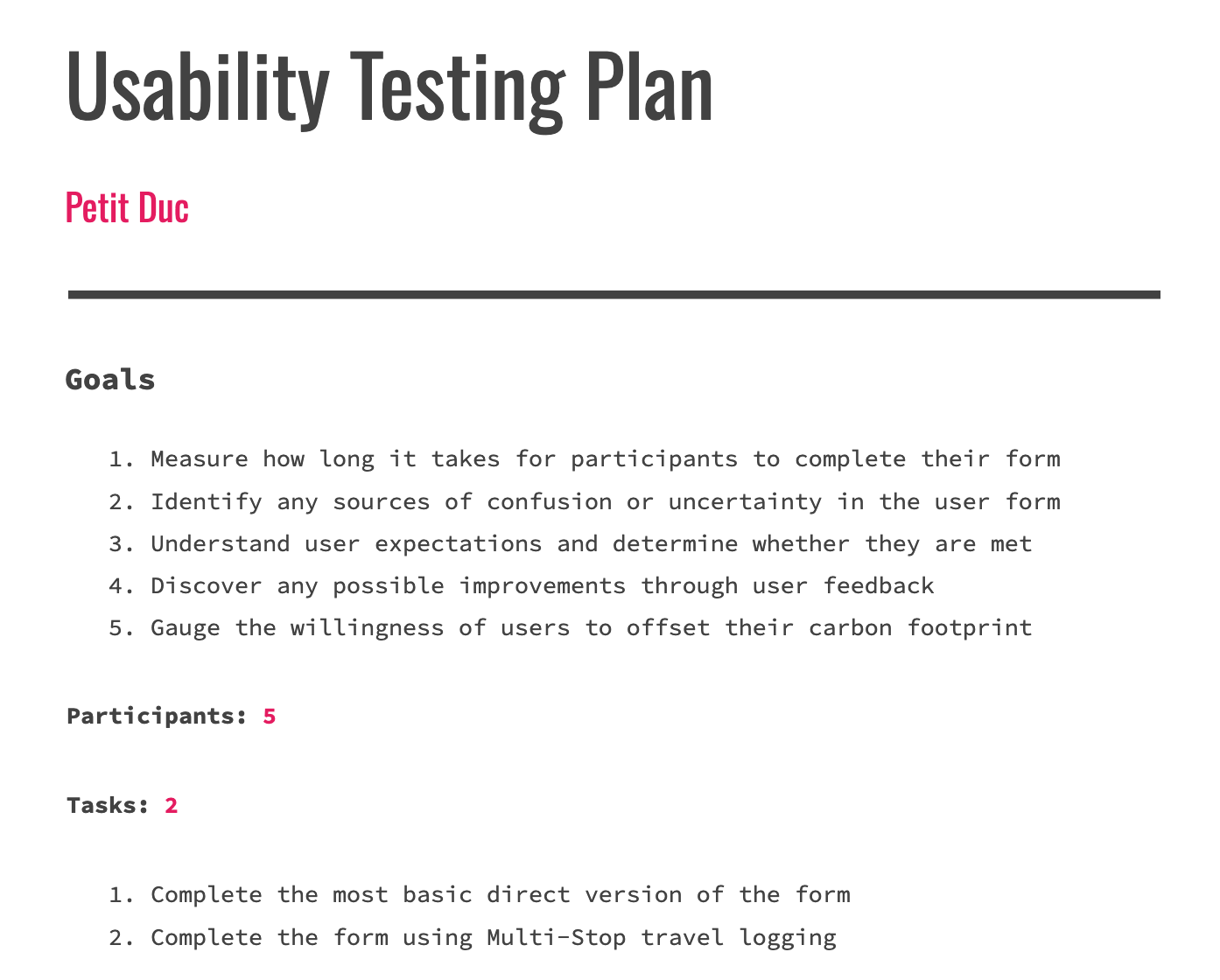 Title: Usability Testing Plan. Subtitle: Petit Duc. Goals include measuring task completion time, identifying sources of confusion, understanding expectations, discovering improvements, and gauging willingness to offset carbon footprint. Participants: 5. Tasks: 2. List of tasks: complete a basic form and use Multi-Stop travel logging.