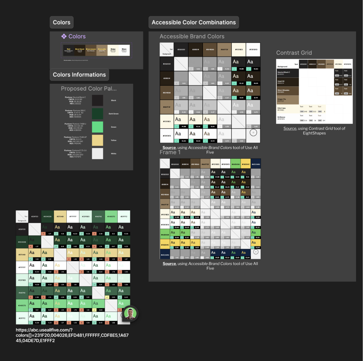 A graphic comparing accessible color combinations for branding, featuring color palettes, contrast grid charts, and color information data.