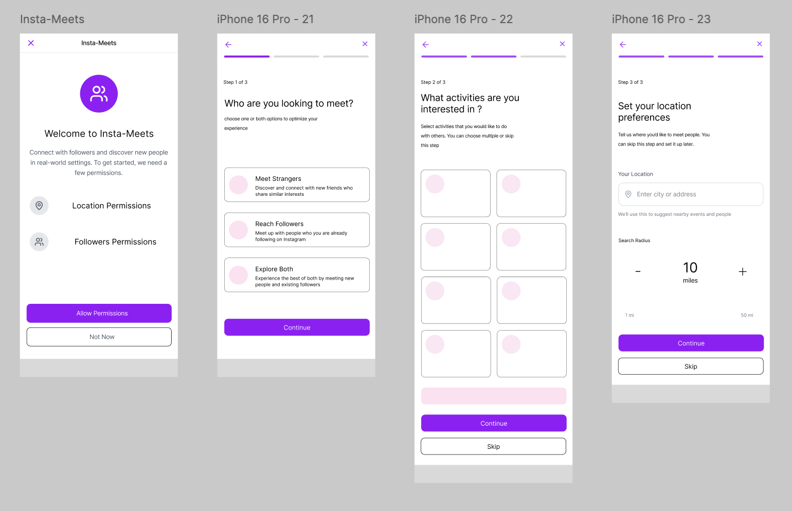 Screenshots of a mobile app onboarding process for Insta-Meet, showing screens for permissions, selecting activity preferences, setting location and search radius, with purple buttons for continuing or skipping.