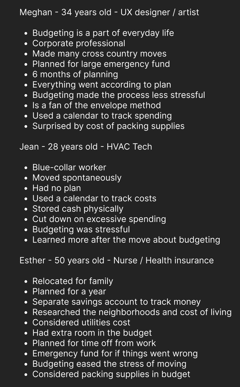 Text on a black background with white font listing three individuals and their experiences with budgeting and move planning: Meghan, 34, a UX designer/artist; Jean, 28, an HVAC tech; Esther, 50, a nurse/health insurance. Meghan's points include planning for emergencies and using envelope method, Jean's include spontaneous moves and tracking costs, Esther's include researching neighborhoods and planning for a year.
