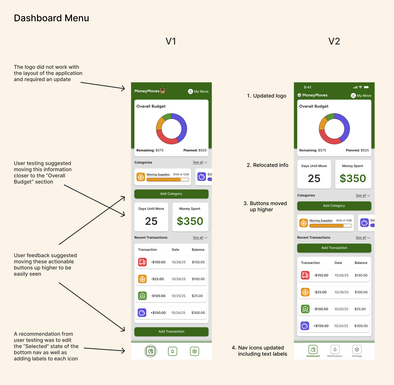 Comparison of a mobile app dashboard interface before and after updates, showing an updated logo, relocated info, moved buttons, and updated navigation icons.