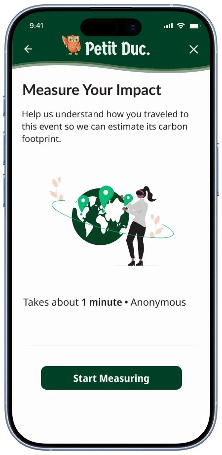 Mobile app screen from Petit Duc showing a 'Measure Your Impact' feature with an illustration of Earth and a woman standing next to it, indicating travel impact, with a 'Start Measuring' button at the bottom.