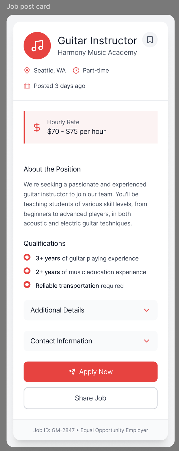 Guitar Instructor Job Post Card