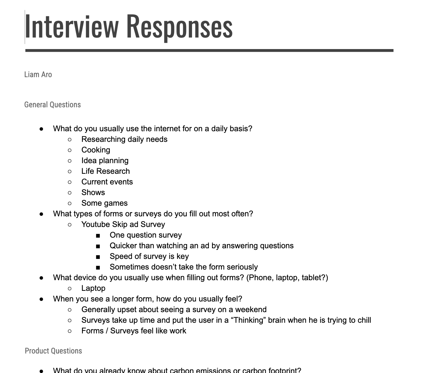 A document titled 'Interview Responses' with questions and answers about internet use, surveys, and device preferences.