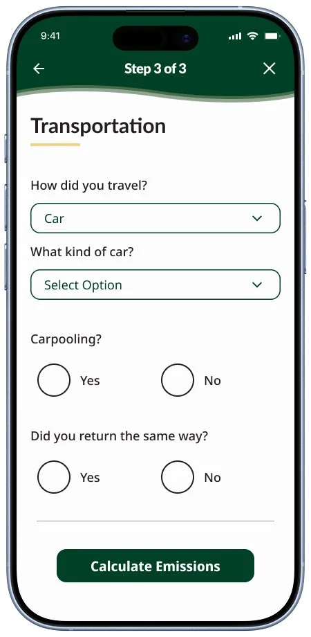 Mobile app screen displaying a transportation survey with questions about trip details, including how traveled, car type, carpooling, return trip, and a button to calculate emissions.