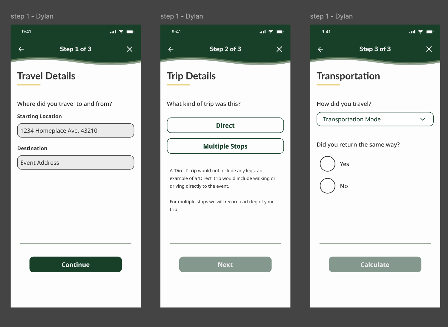 Screenshots of a mobile app's travel planning feature, showing steps for entering travel details, trip type, and transportation, with fields for start location, destination, trip type options, and return trip question.