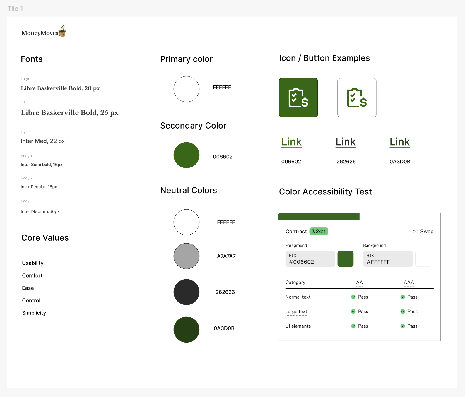 A webpage from MoneyMoves showing font styles, color palettes, icon examples, and a color accessibility test with a green and white theme.