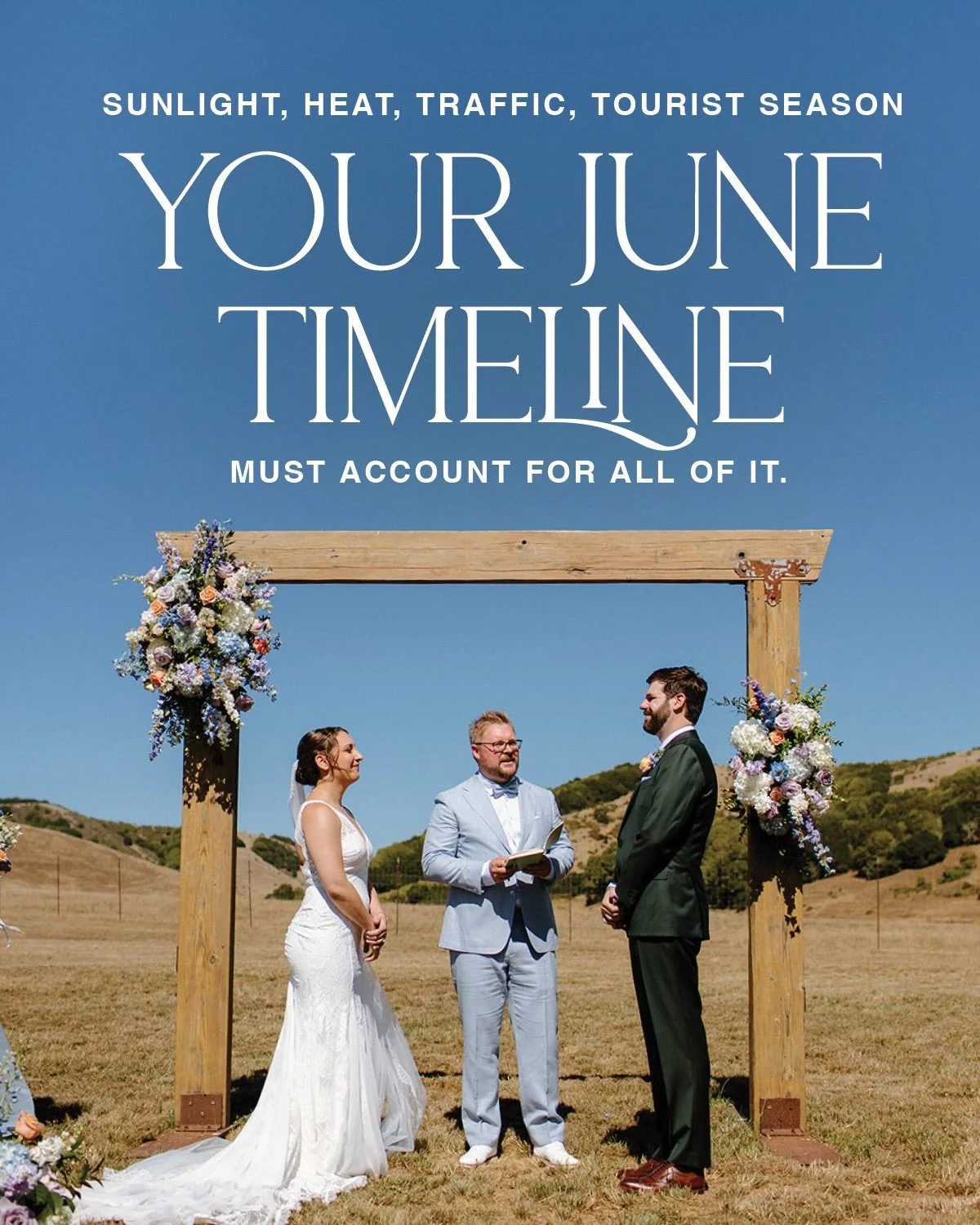 A June wedding timeline isn&rsquo;t the same as a fall or winter one &mdash; the light, heat, travel patterns, and guest comfort all shift.

We intentionally build summer timelines that consider:
 ✨ early-start preparations ✨ outdoor comfort strategi