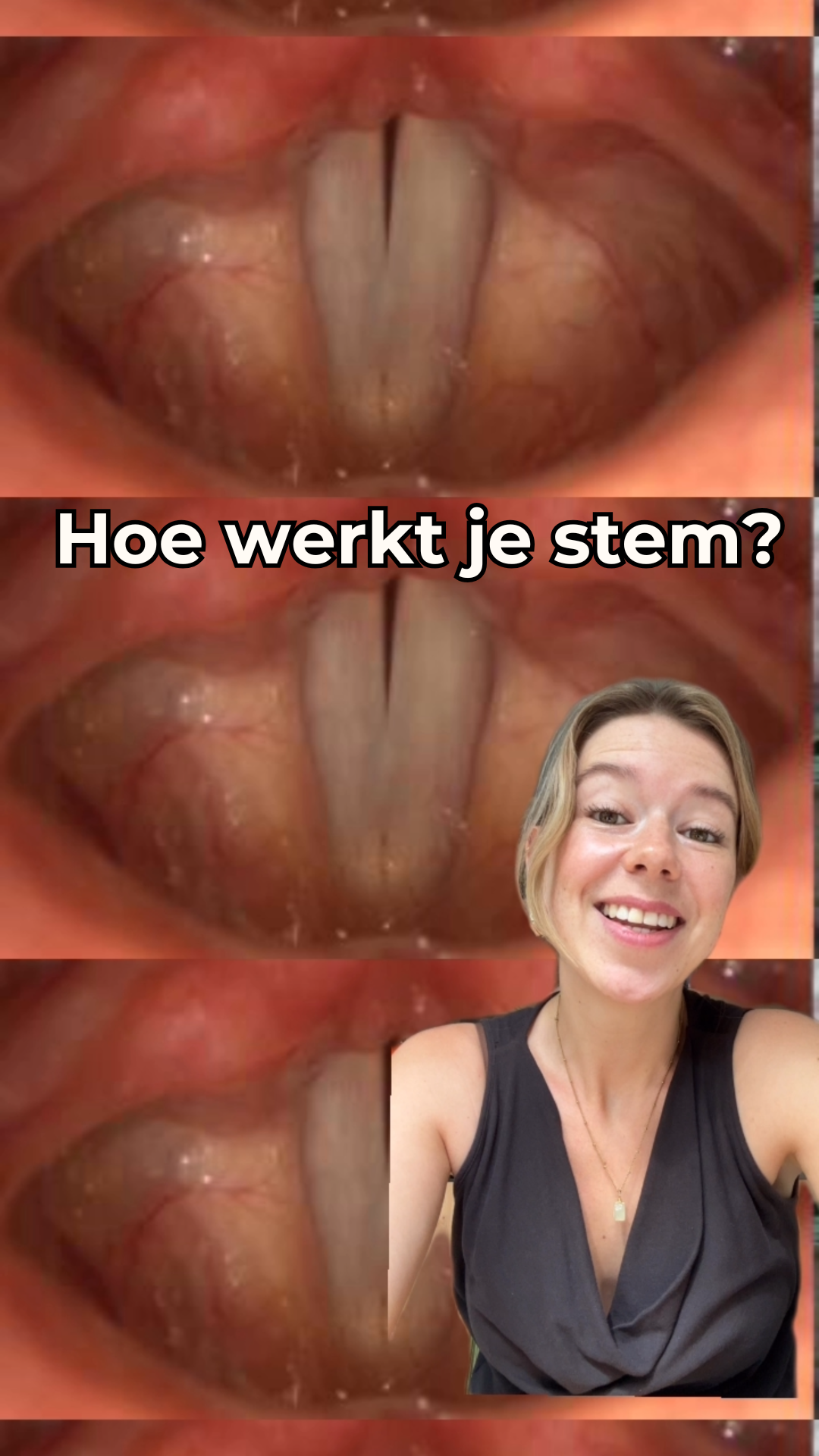Een collage met close-up foto's van een mensenmond en een glimlachende vrouw met blond haar, die op een vrolijke manier vraag stelt: "Hoe werkt je stem?"