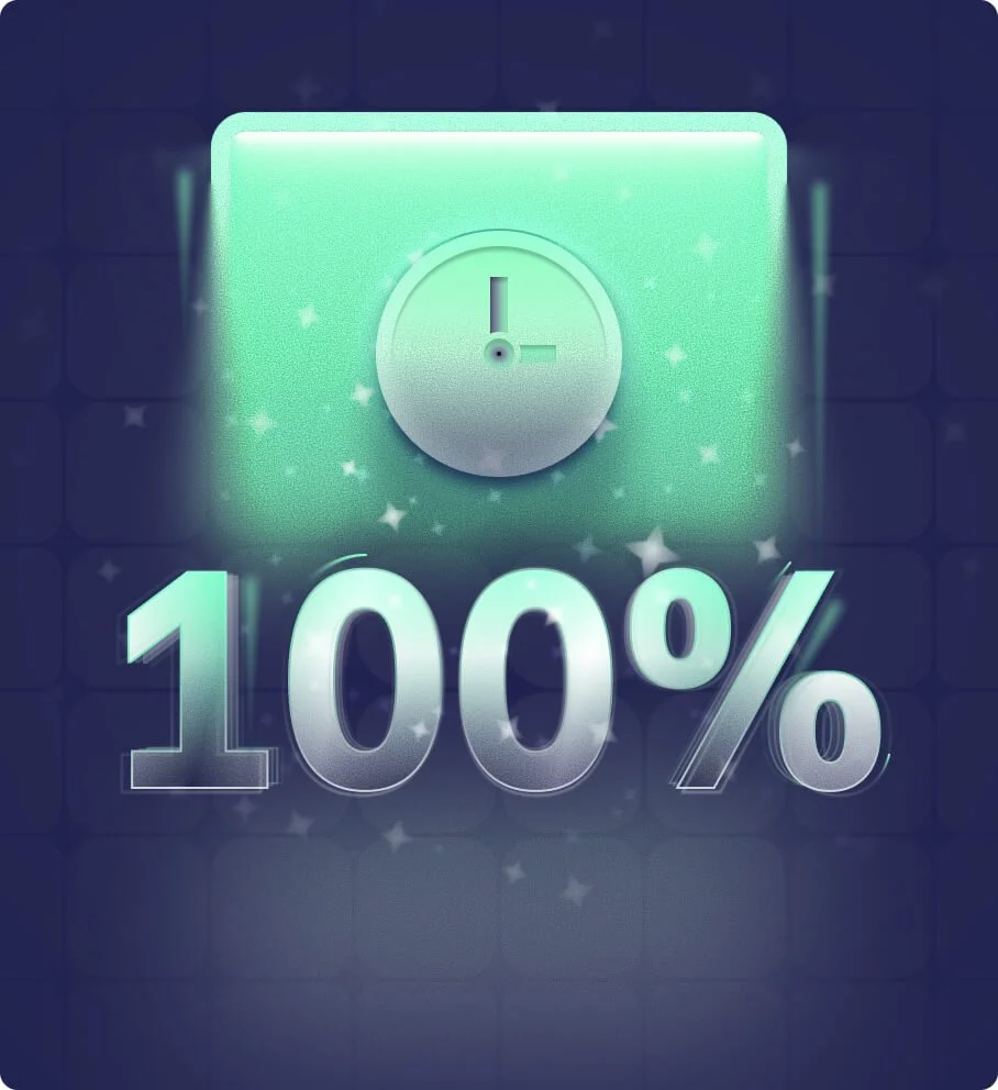 Digital graphic showing a timer and the text '100%' with a glowing, futuristic design.