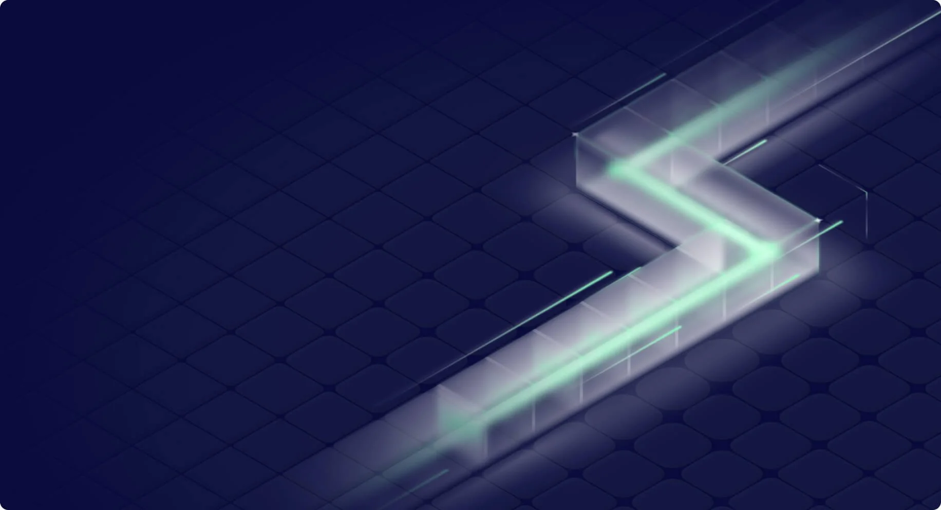 Futuristic digital 3D illustration of a glowing, transparent, zigzag-shaped staircase on a dark grid background.