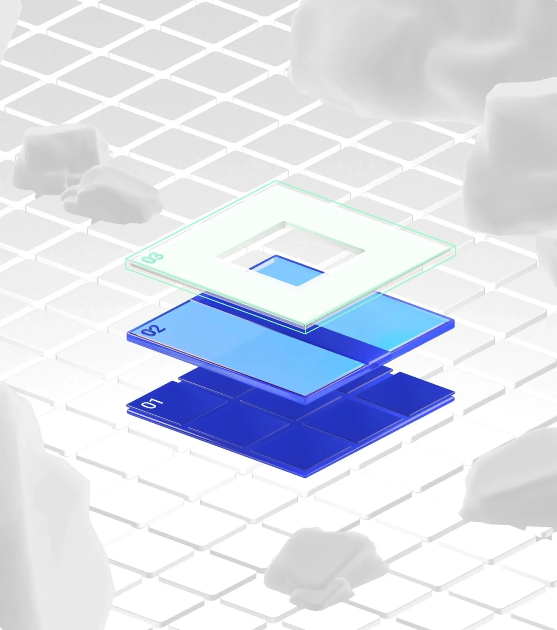 Illustration of a layered digital technology concept with three translucent layers numbered 01, 02, and 03 over a white keyboard background, with clouds and a person's hand reaching towards the layers.