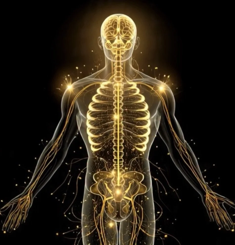 Illuminated digital illustration of the human nervous system showing the brain, spinal cord, and network of nerves in yellow on a dark background.