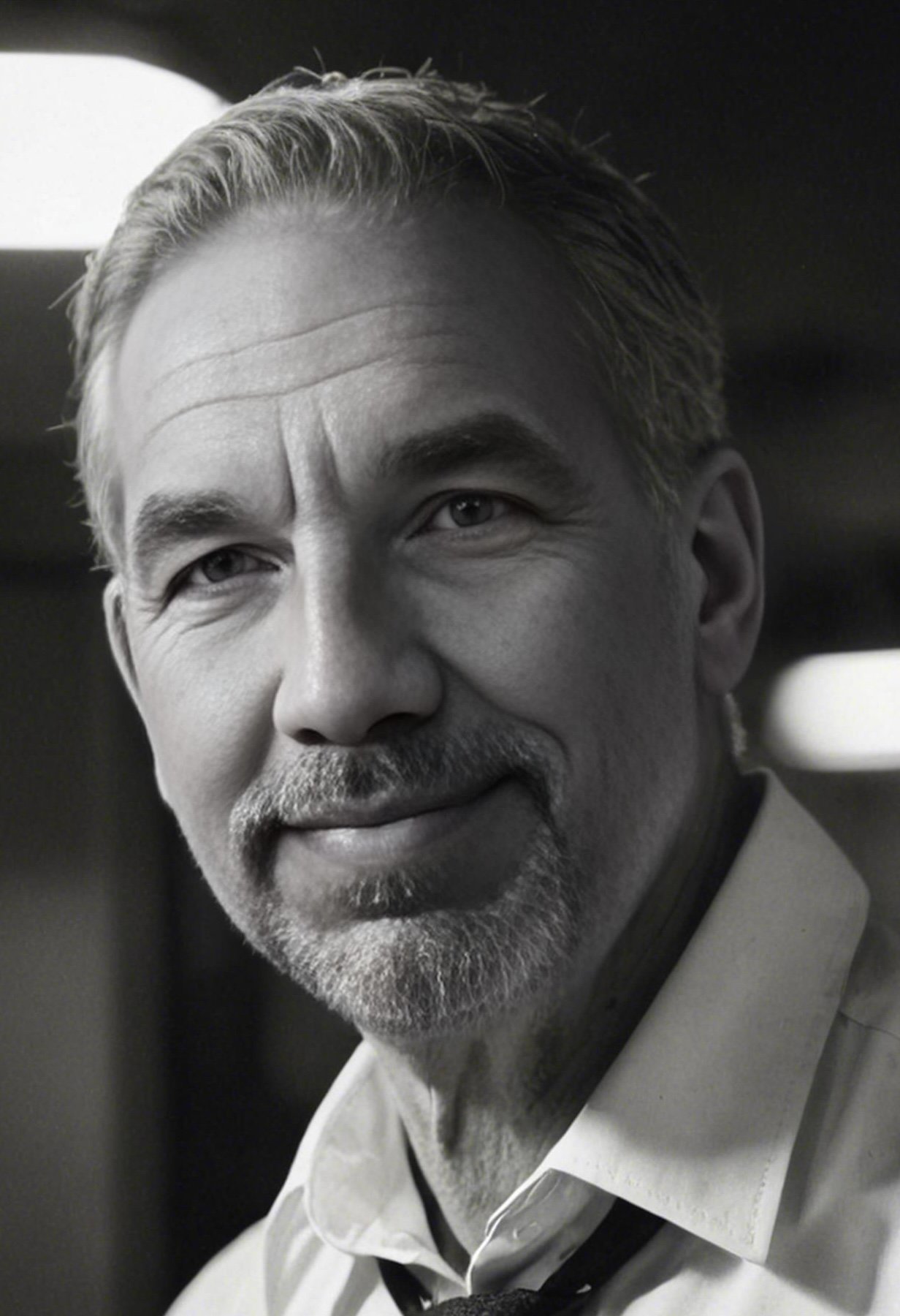 Black and white close-up photograph of a middle-aged man with light-colored hair, a beard, and mustache, wearing a white shirt and smiling softly.