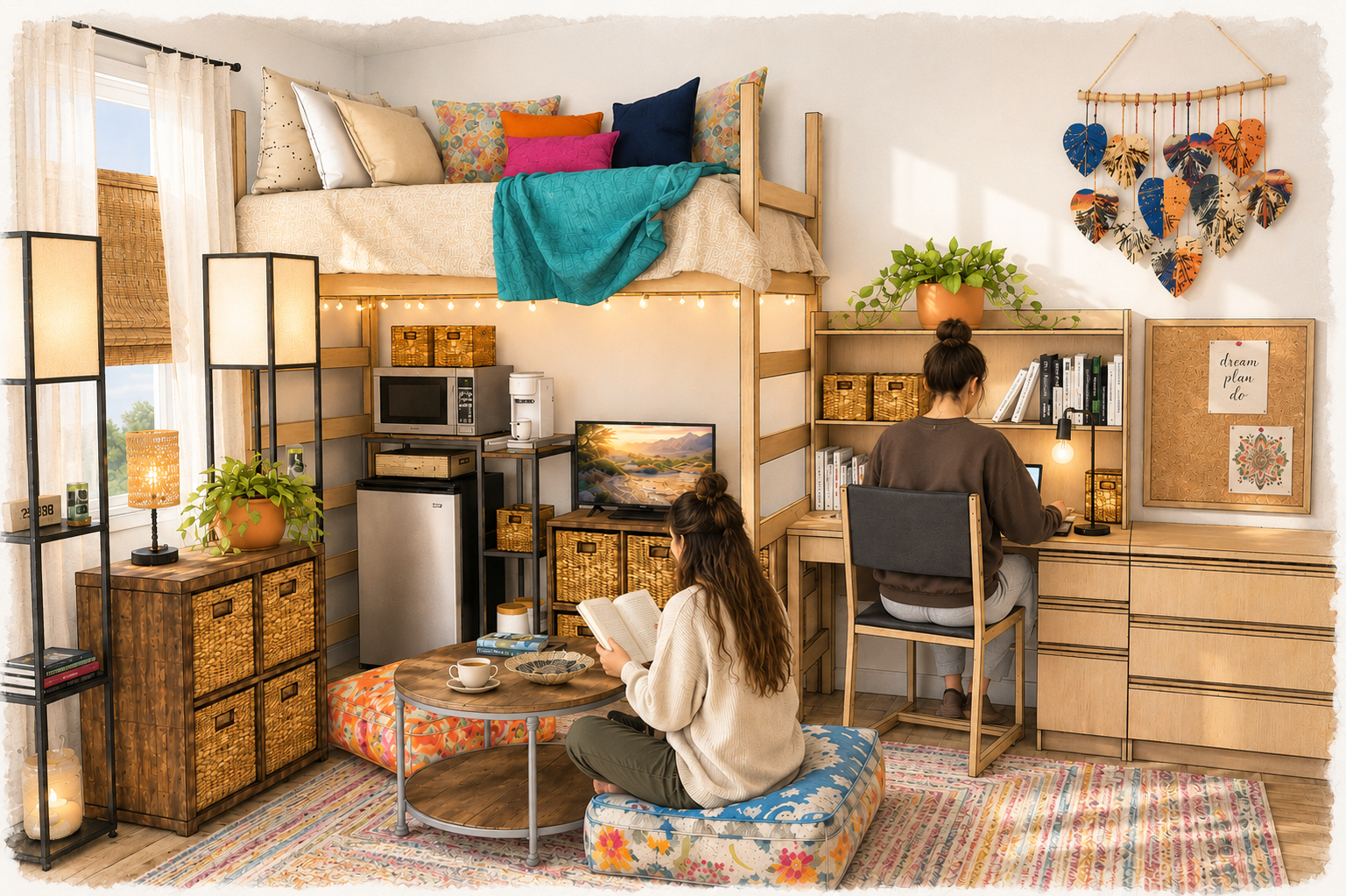 mandala-boho-shared-dorm-room-roommates-studying-boho-decor-fairy-lights.png