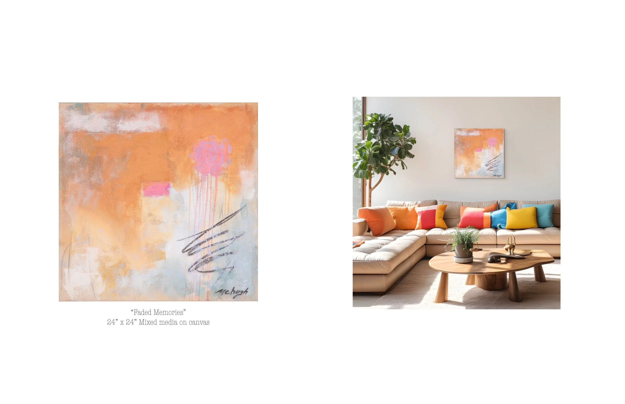 Comparison of an abstract painting titled 'Faded Memories' and a contemporary living room featuring the painting on the wall, a beige sectional sofa with colorful pillows, a wooden coffee table, and a large indoor plant.
