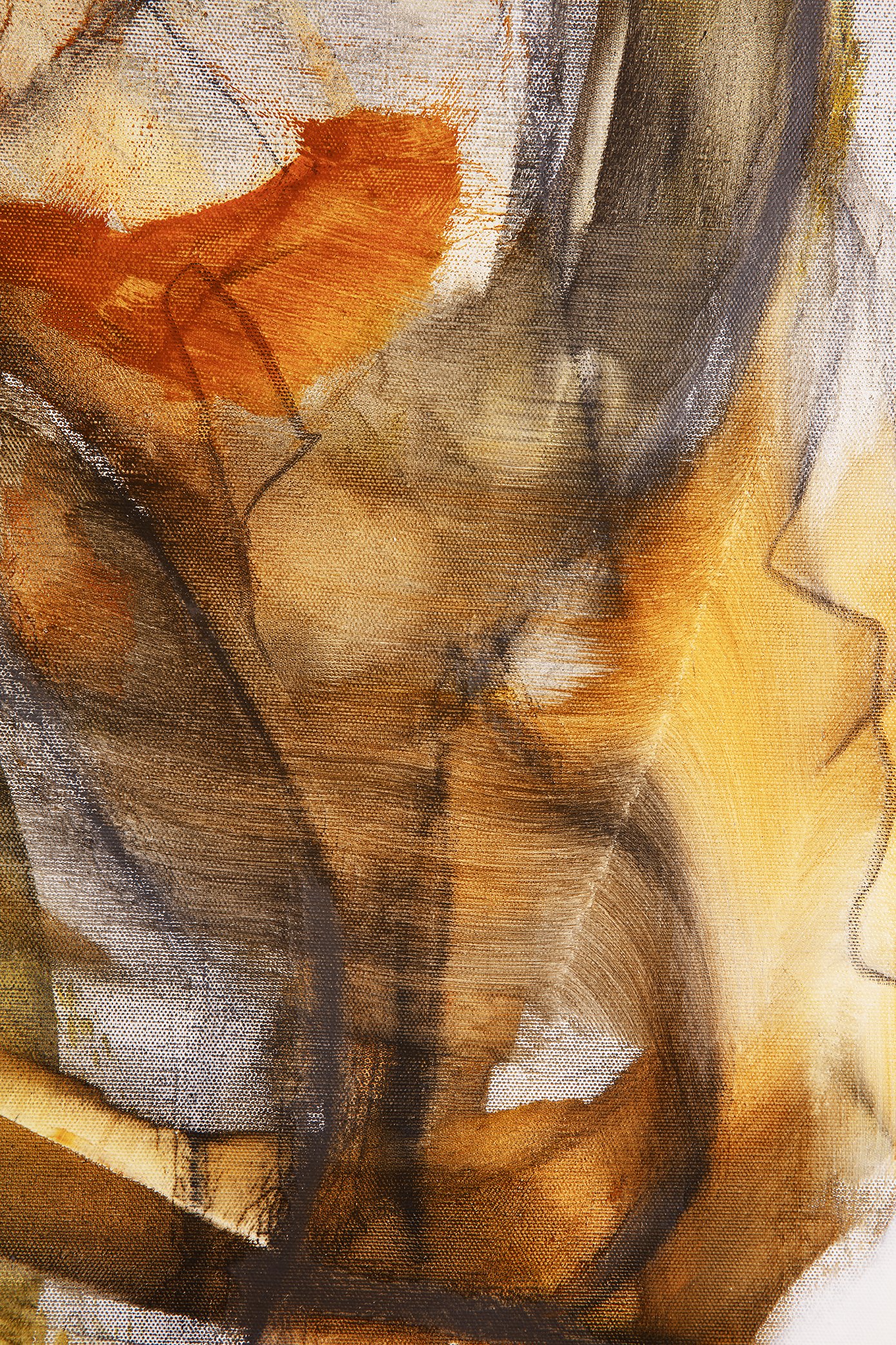 Close-up of a textured, abstract artwork featuring warm earth tones such as orange, brown, and beige with visible brushstrokes and layered paint.