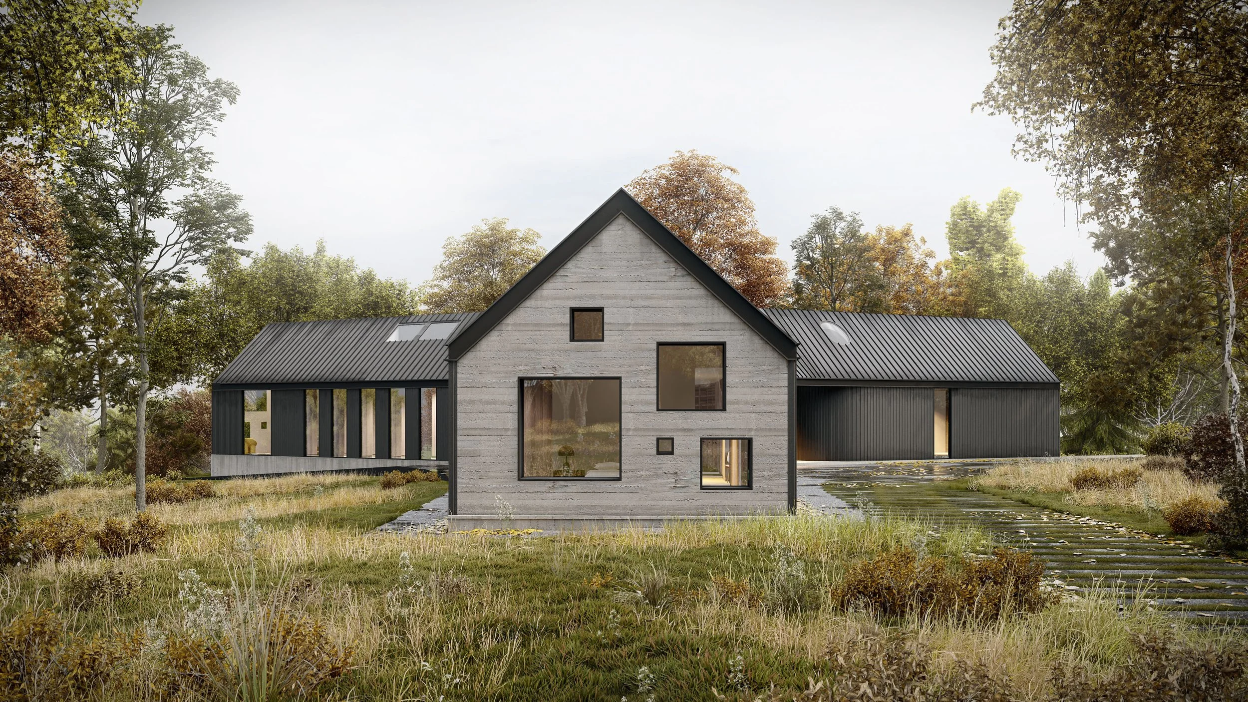 The Y House is a modern house with shoshugi ban siding, large windows, surrounded by trees and grass, in a rural setting.