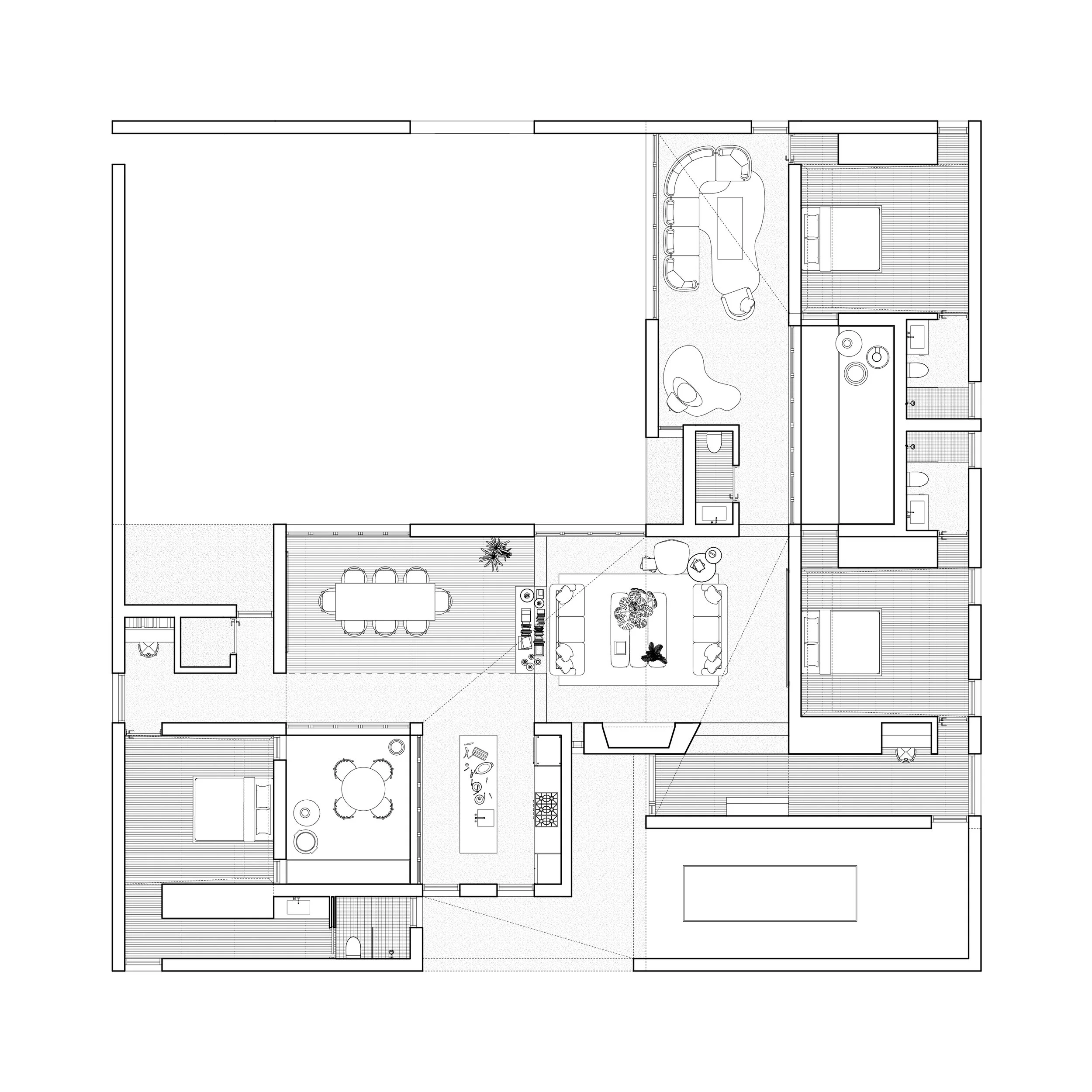 A detailed floor plan of the Courtyard House showing all 4 courtyards with surrounding rooms including bedrooms, bathrooms, living room, dining area, kitchen, and master suite.