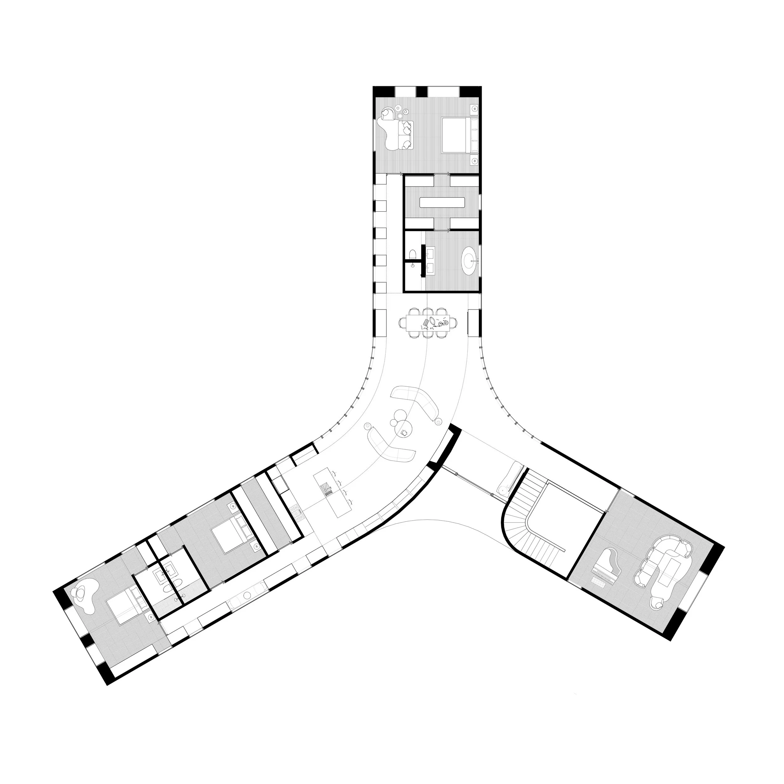 The floorplan of the Y- house with three wings that meet at the communal central spaces.