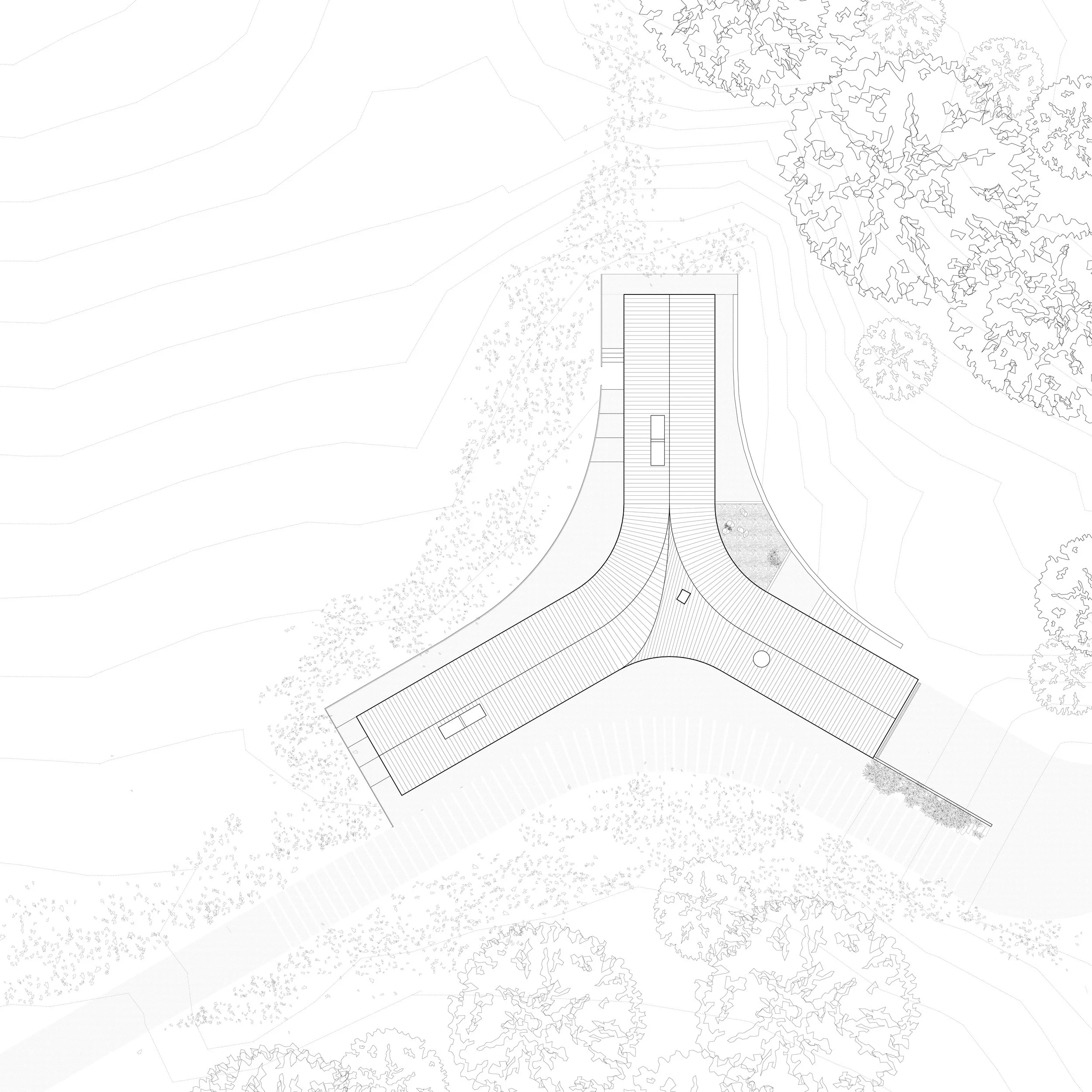 Landscape plan of the Y House - with curved structure, surrounded by trees and landscape details.