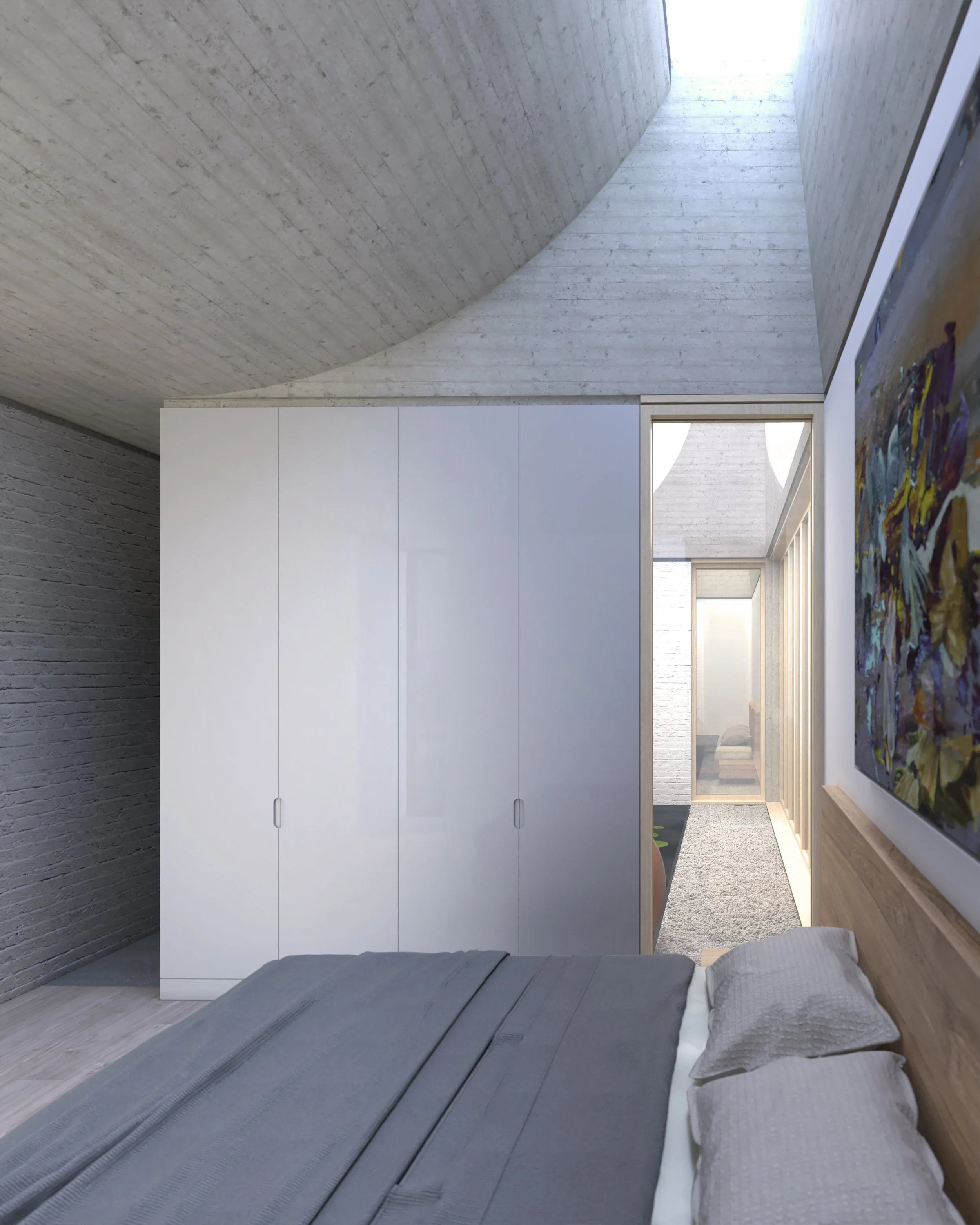 Each bedroom in the Courtyard House has a curved skylight above the bed and views to one of the private courtyards.