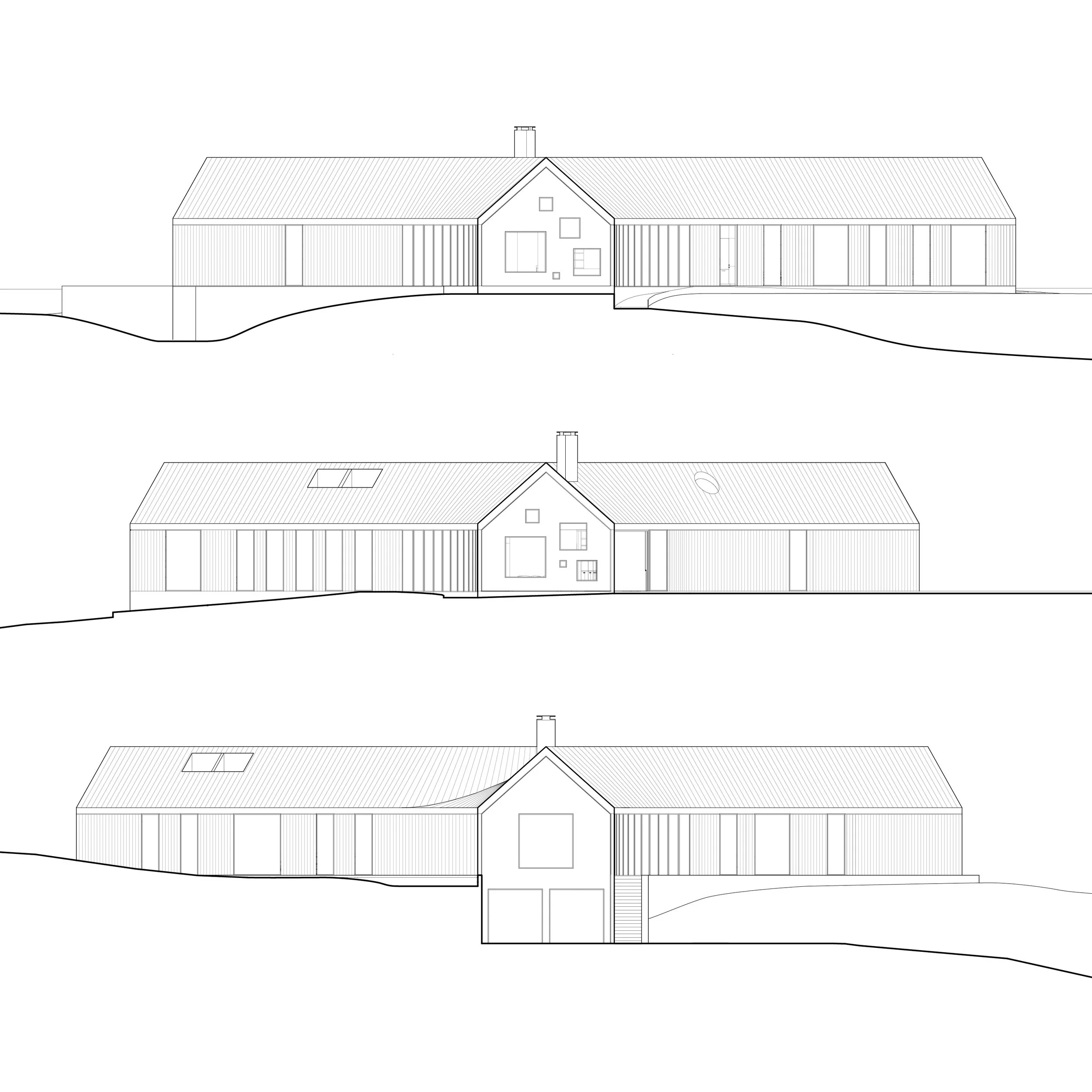 Line drawings of the Y house on a sloped terrain, showing three different elevation views with pitched roof, skylights, and various windows and doors.